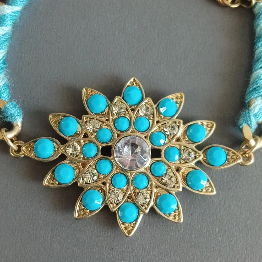 2/$15 + $4.99 Shipping Turquoise & Gold Tone Bracelet with Floral Design